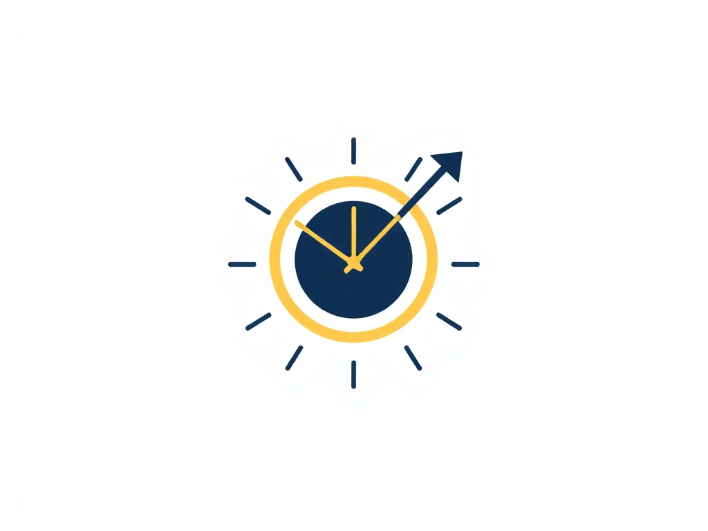 Minimalist logo design: a geometric clock face integrated with an upward arrow, clean lines, dark navy and gold, white background, 8k, photorealistic